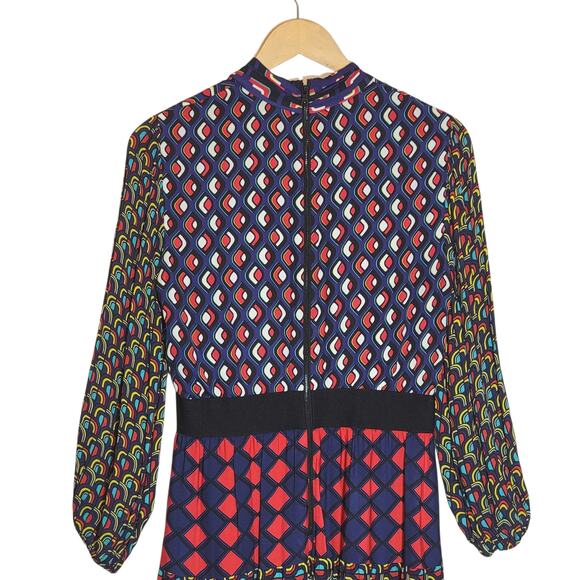 Alice + Olivia Karolina Mod Moon Tie Neck Blouson Sleeve Colorblock Midi Dress 6 - Picture 10 of 16